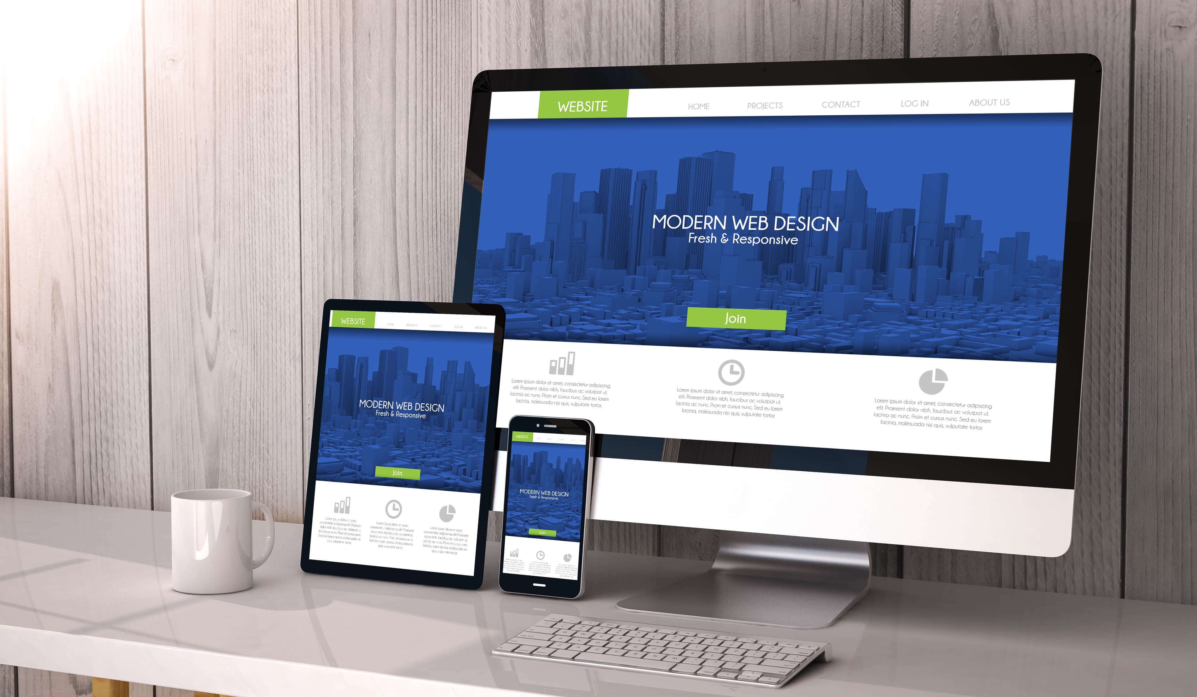 Pantalla mostrando una página web profesional multipágina